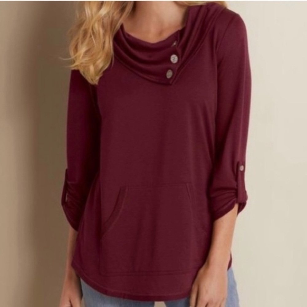 Soft Surroundings Burgundy‎ Button Cowl Neck Sweatshirt Size Small Petite